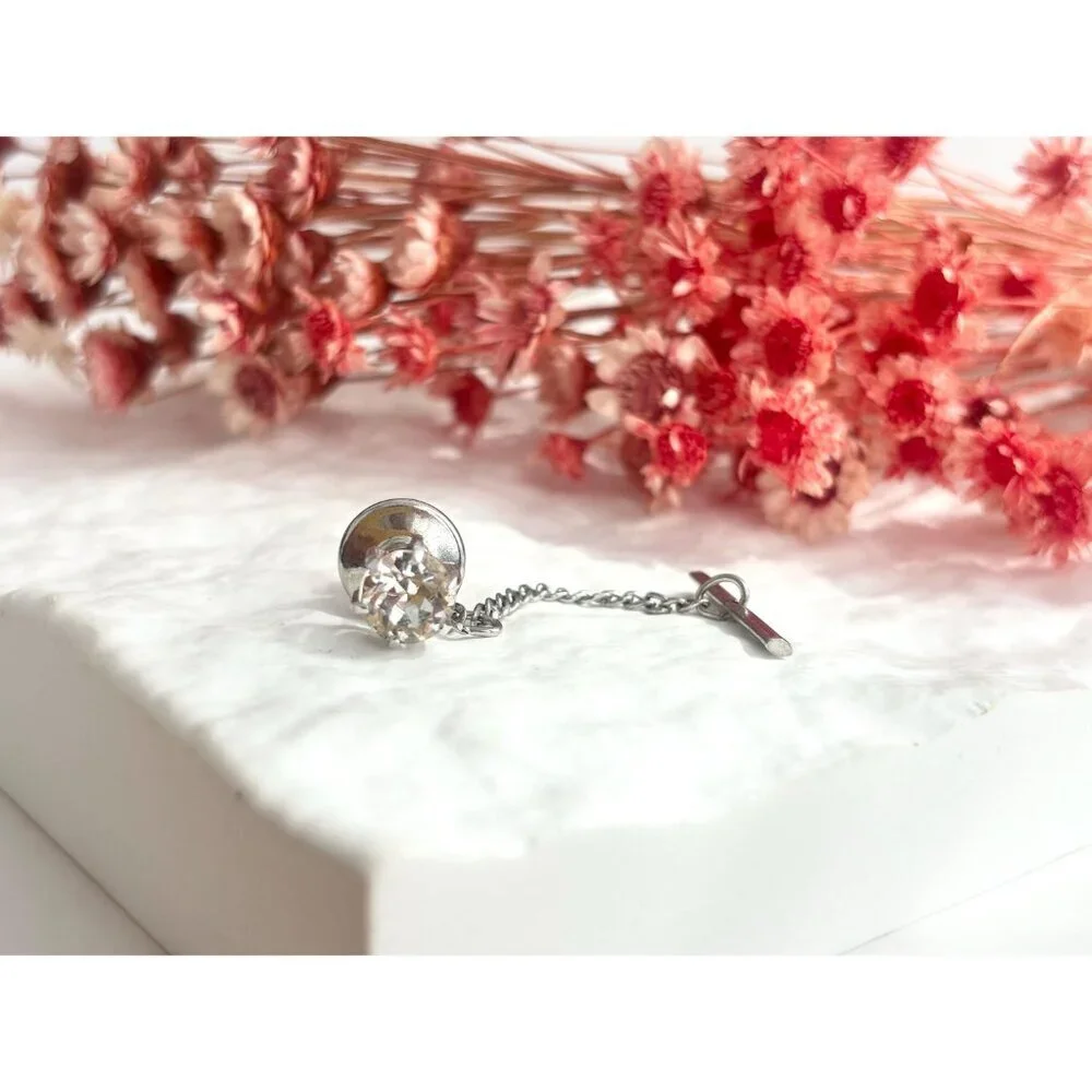 Faux CZ Gemstone Minimalist Silver Toned Vintage Men's Tie Tack